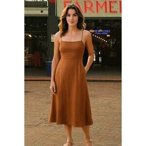 o.p.t Halter Dress Linen Blend Brown Gauzey Natural Flowy Midi Strappy Pockets